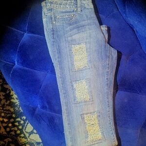 Vintage CACHE Blue Skinny Jeans with Distressed Patches